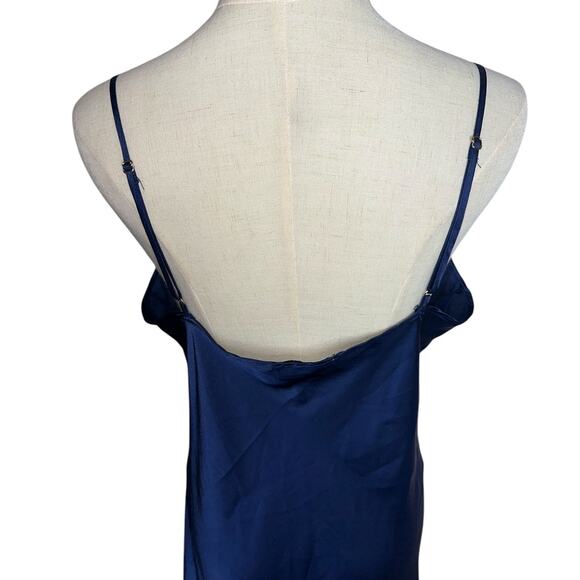 Tahari Dainty Navy Blue Satin Slip Midi Minimalist Dress Cowl Neck Size Large - Picture 7 of 9